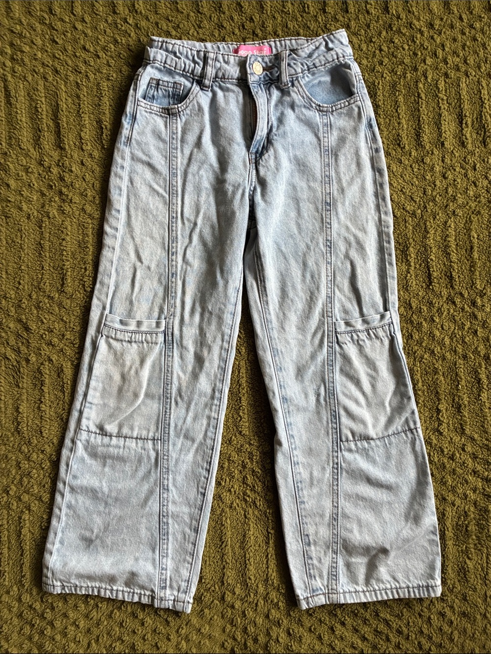 Girls Light Wash Wide Leg Jeans with Cargo Pockets